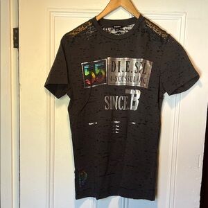 Diesel Men's Black Graphic Tee with Silver Accents
